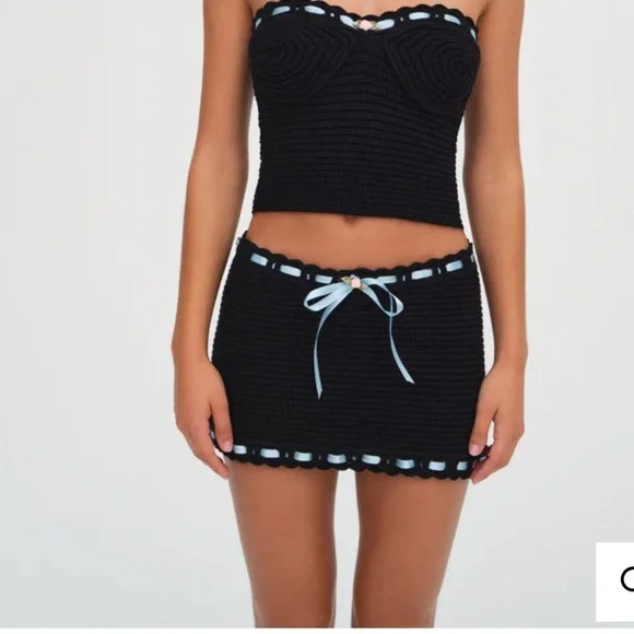 NWT For Love & Lemons Kelsey Black Crochet Mini Skirt with Blue Trim (L - READ) - Picture 5 of 5